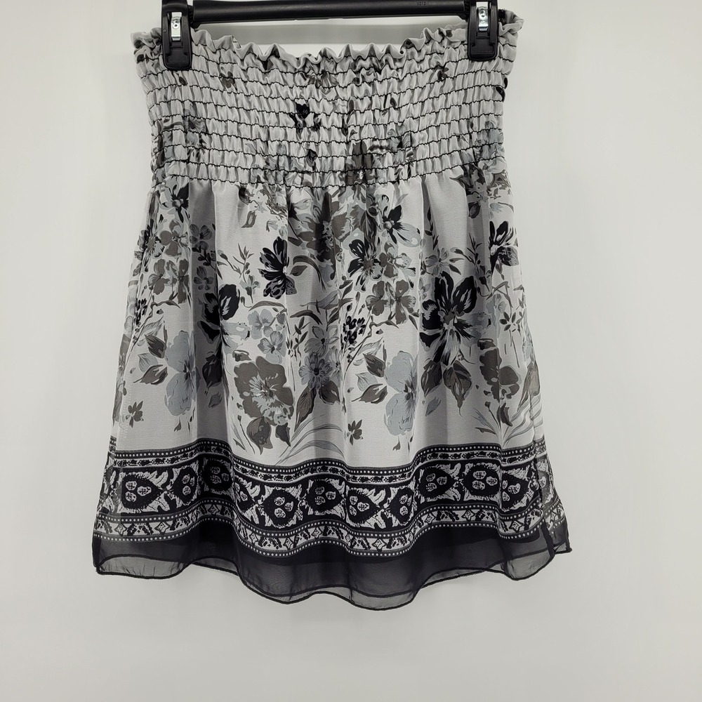 A'GACI Womens M Strapless Smocked Silk Coquette Boho Tube Top Floral Gray Black